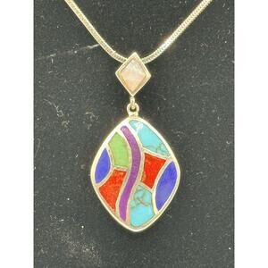 Vintage SS Native American Pendant with Inlayed Turquoise, Lapis,Opal,Sugilite